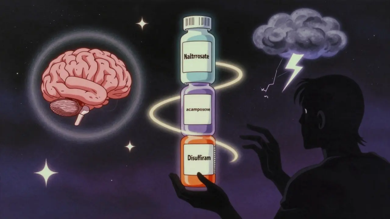 Three floating medication bottles in space with symbolic brain, circuit, and storm imagery, shadowy hand reaching out.