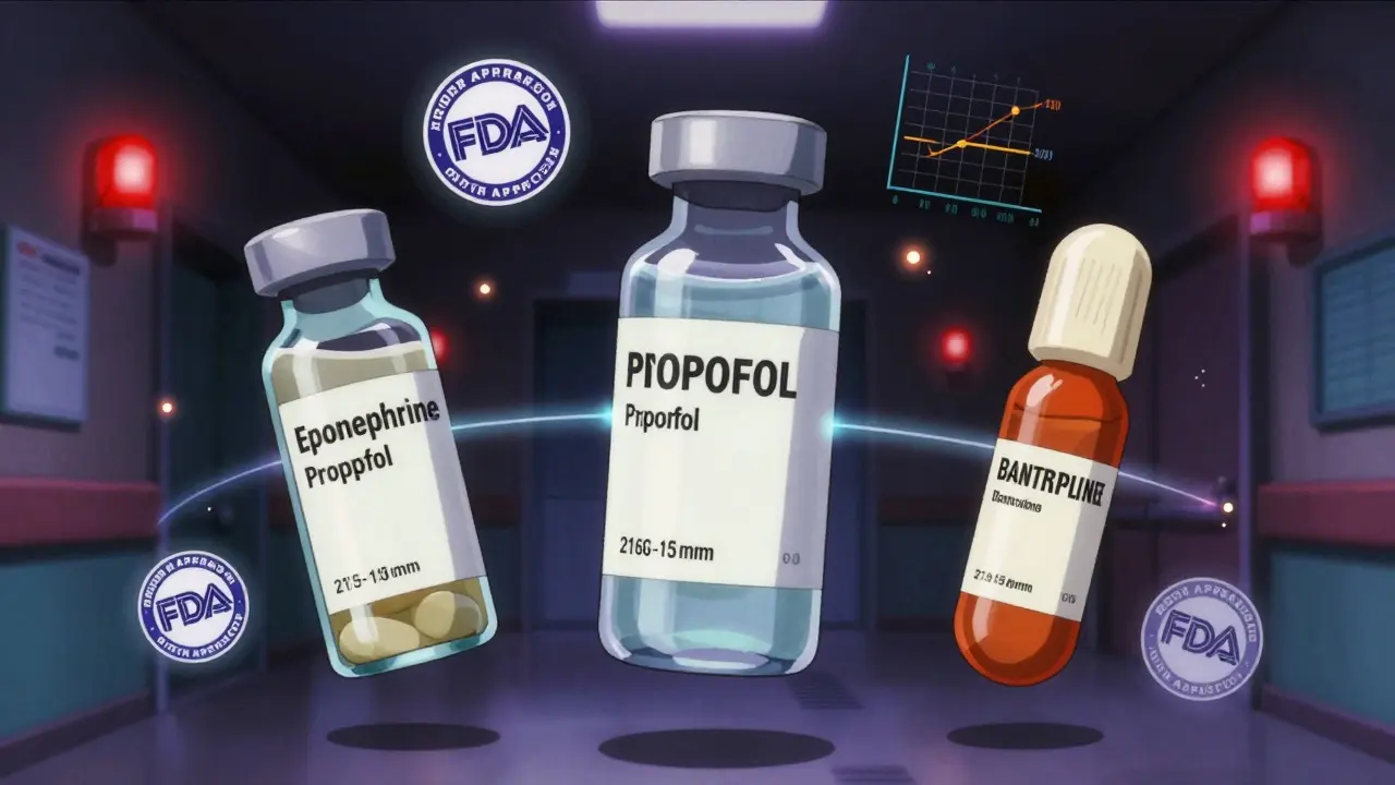 Three life-saving drugs with glowing extended expiration dates floating in a dark hospital corridor.