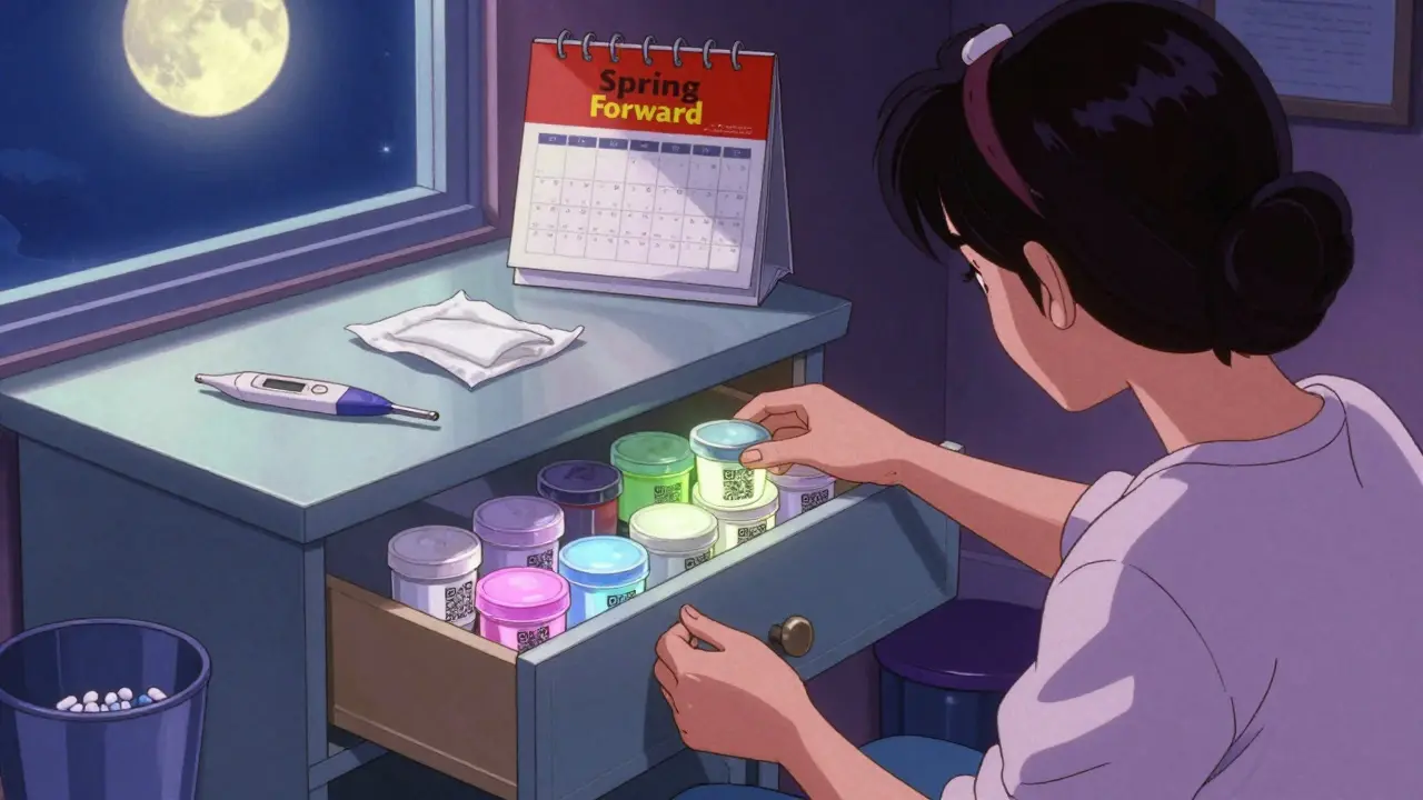 Woman organizing a clean medicine drawer at night with glowing QR codes and moonlight, discarded pills nearby.