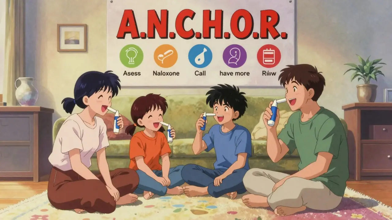 A family practices using a naloxone trainer with a poster showing the A.N.C.H.O.R. steps on the wall.