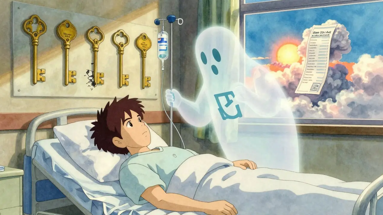 A hospitalized patient with a ghostly insurance logo above, surrounded by symbolic keys representing exception rules.