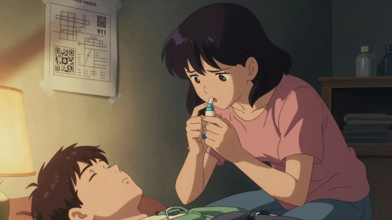 A teenager administers naloxone nasal spray to an unresponsive person while calling 911.