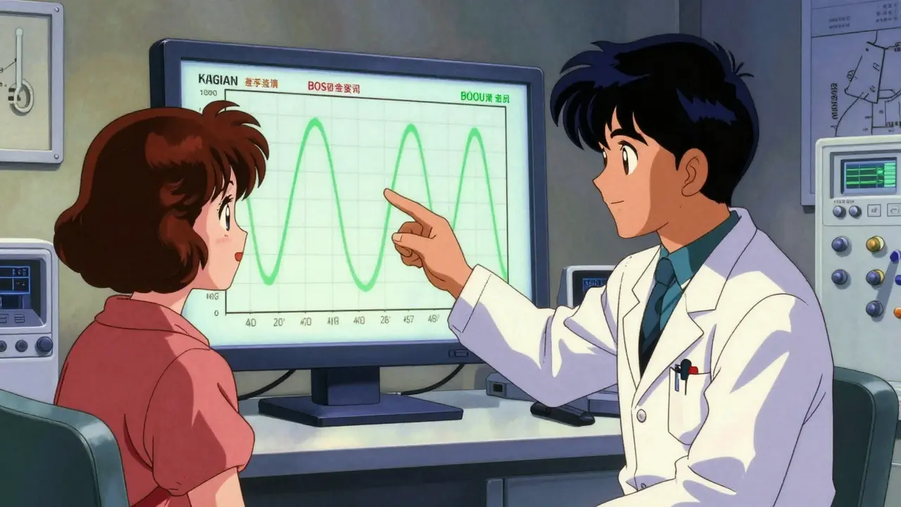 Doctor and patient reviewing blood sugar graphs showing identical results for branded and biosimilar insulin.