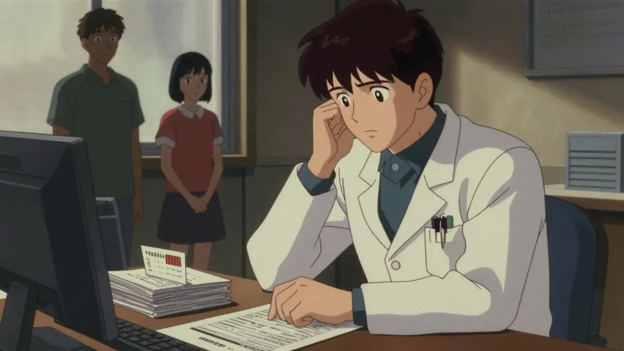 Doctor hesitates while rejected prescriptions sit on desk