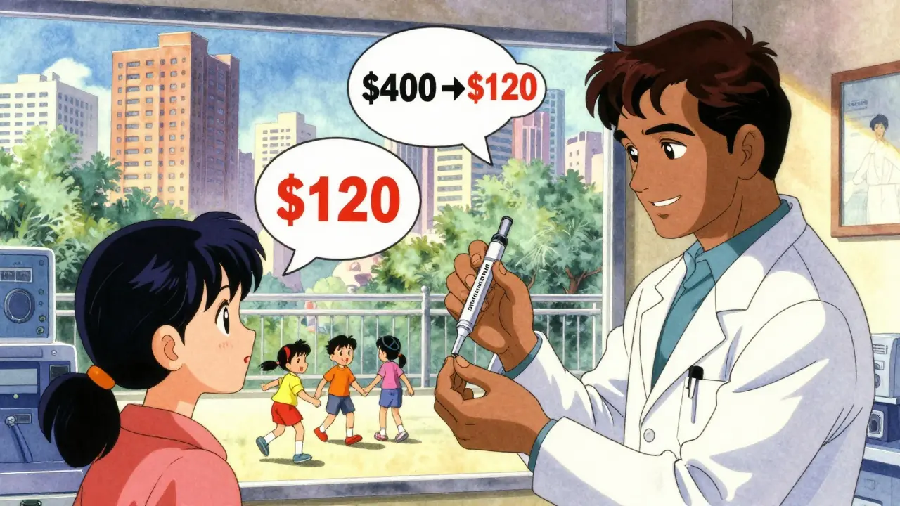 Endocrinologist in Mumbai distributing biosimilar insulin pens to patients in a vibrant clinic.