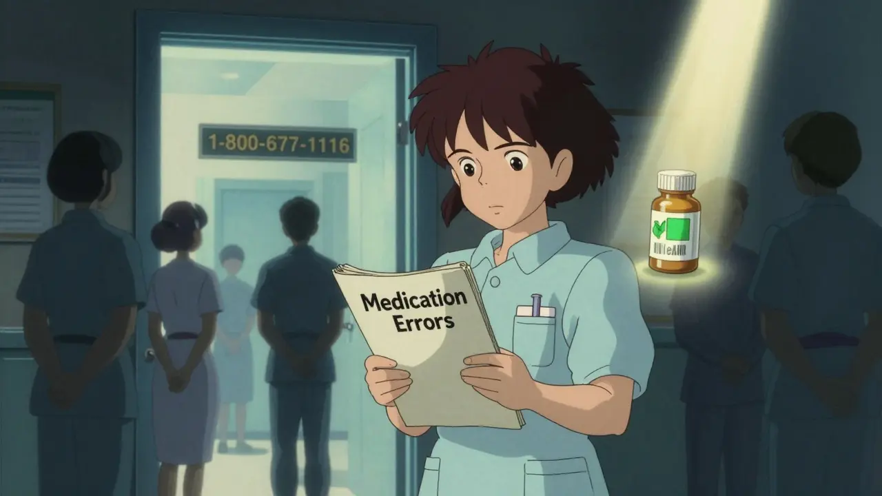 Family member holding medication error file before glowing ombudsman office door, with light shining on a scanning pill.