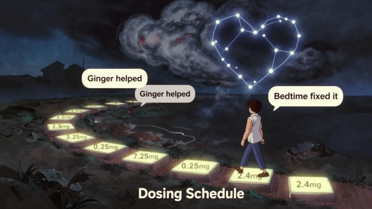 Figure ascending a dosing path with user tips floating above, storm of nausea fading into heart-shaped constellation.