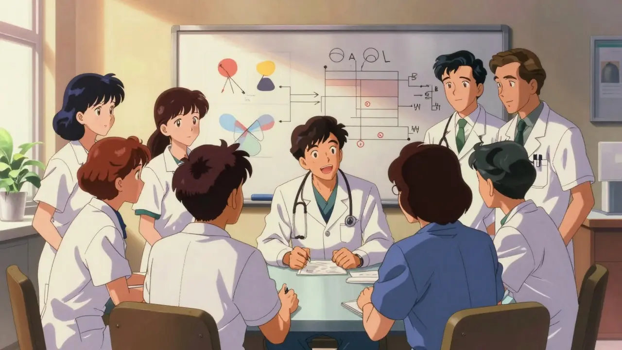 Healthcare team discusses treatment options with abstract whiteboard