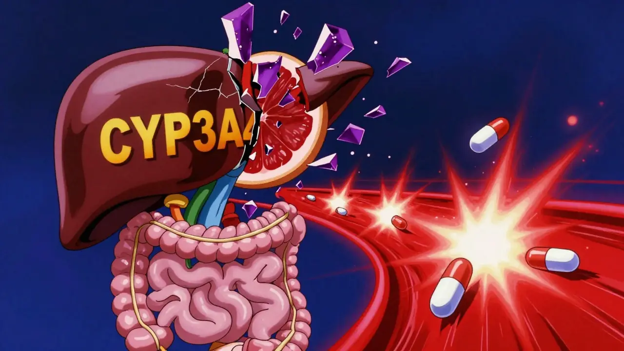 Liver enzyme shattered by grapefruit compounds as statin molecules flood the bloodstream