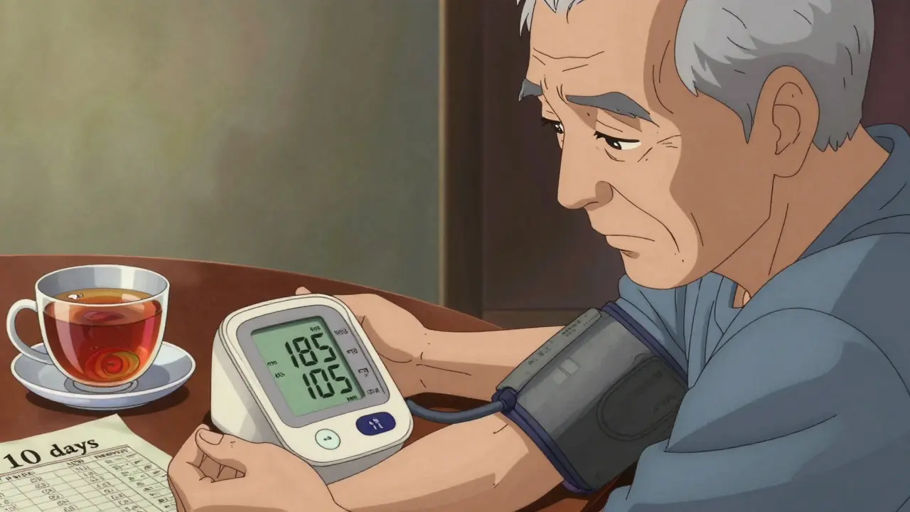 Man checking high blood pressure reading after consuming licorice tea