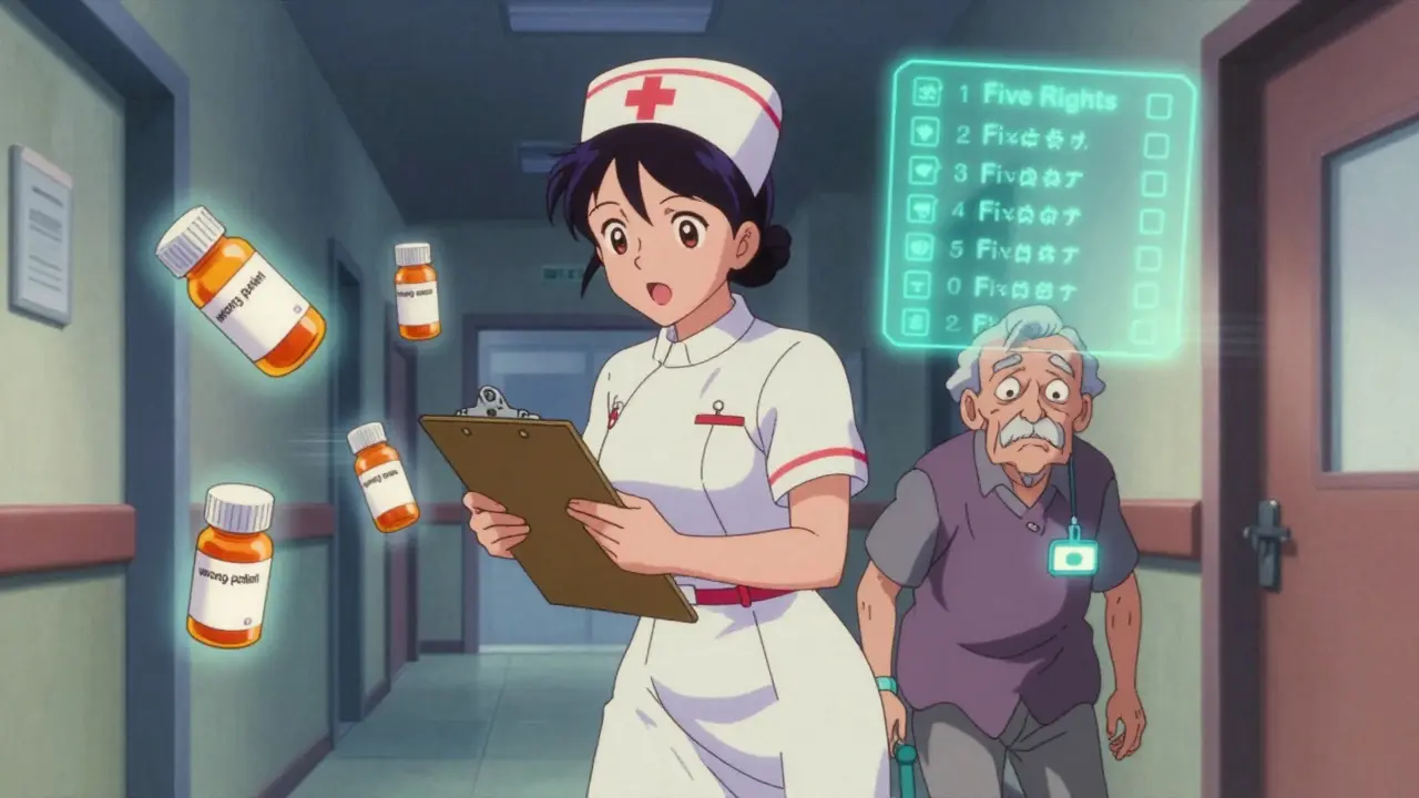 Nurse rushing down hallway as floating pill bottles show medication errors, with Five Rights glowing in background.