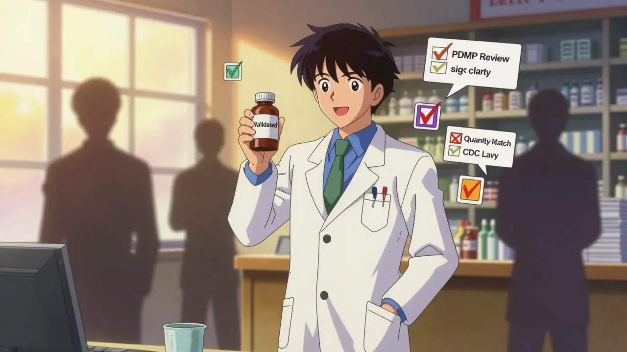 Pharmacist holding validated medication as checkmarks float around them, fraud figures fading in background.