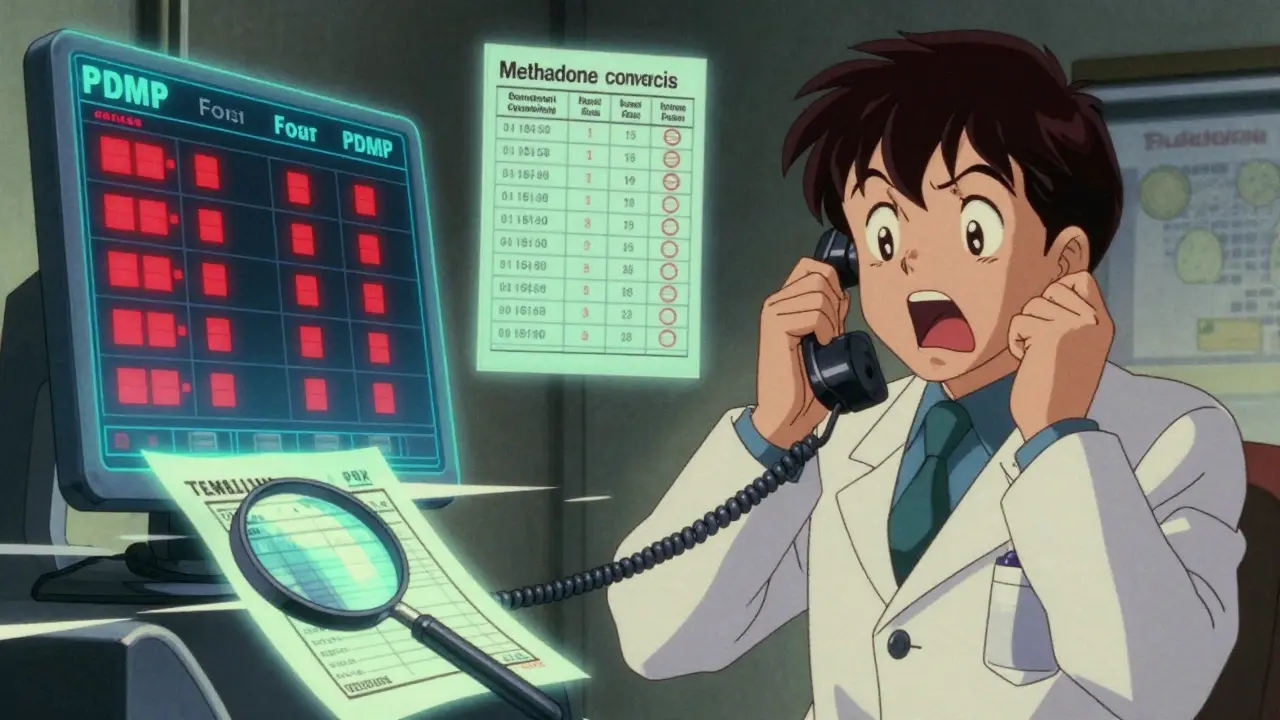 Pharmacist on phone verifying a prescription while holographic PDMP data flashes red flags nearby.