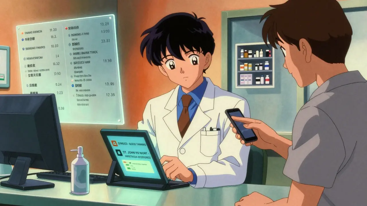 Pharmacist reviewing a patient's medication history on a tablet, with floating warnings about herbal supplements and drug interactions.