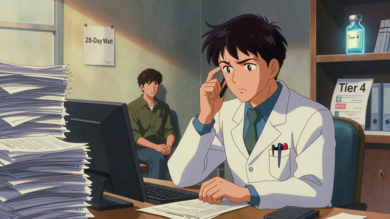 Rheumatologist overwhelmed by prior authorization forms, clock ticking, biosimilar out of reach.