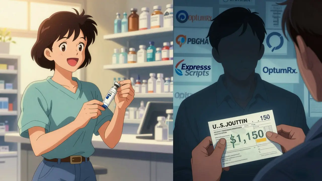 Split scene: happy European patient receiving biosimilar vs. U.S. patient facing high out-of-pocket cost.