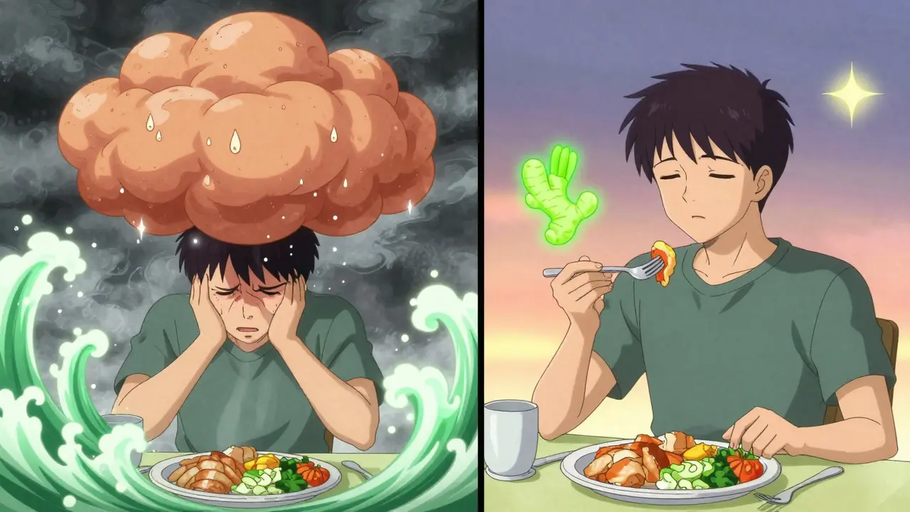 Split scene showing nausea from large meals versus calm eating of small portions with ginger symbol, retro anime aesthetic.