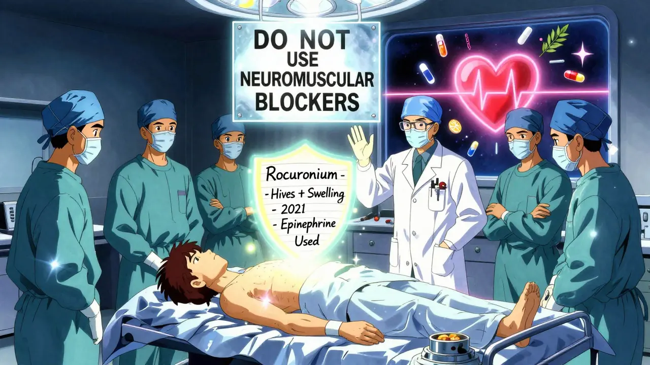 Surgical team halting as a glowing shield of handwritten allergy details protects the patient during pre-op preparation.