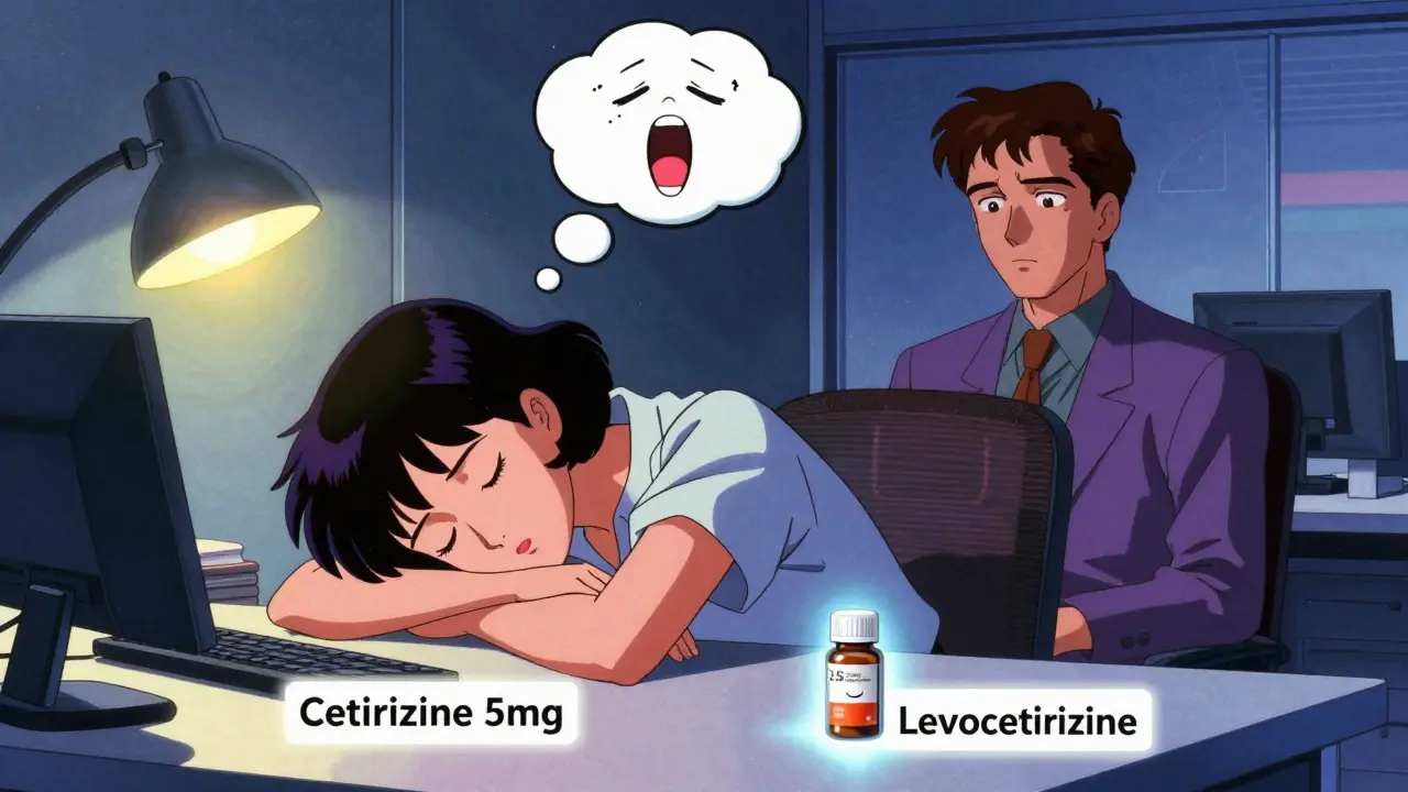 Woman drowsy at desk beside alert colleague with pill bottle, office scene in retro anime style.