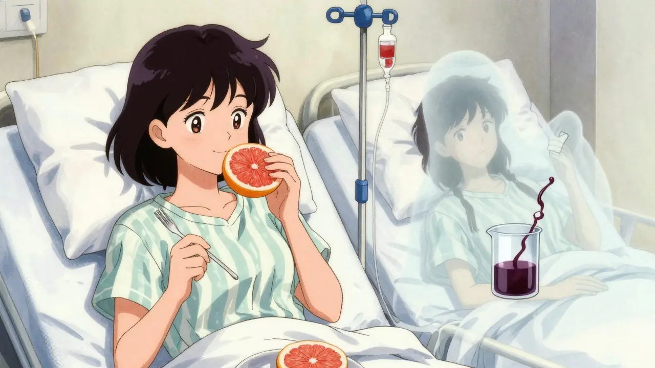 Woman eating grapefruit while ghostly hospital figure appears beside her, symbolizing drug danger