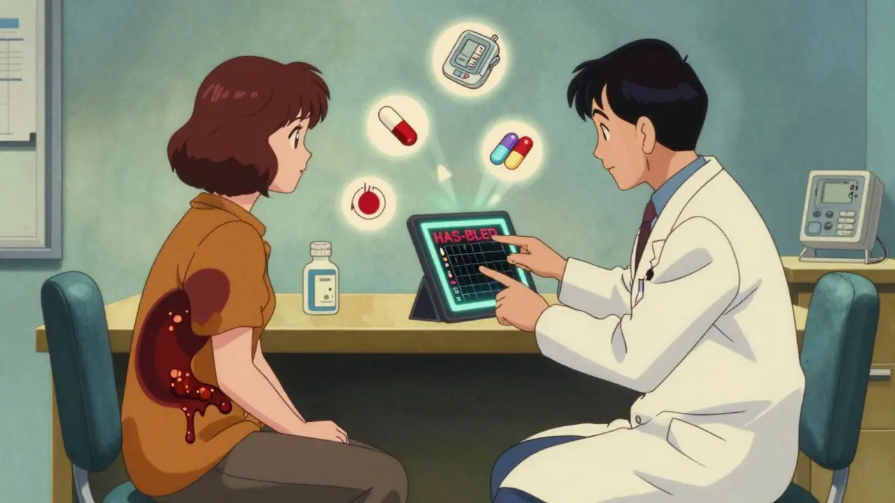 A doctor and patient discuss bleeding and heart risks with floating medical icons in a retro anime clinic.