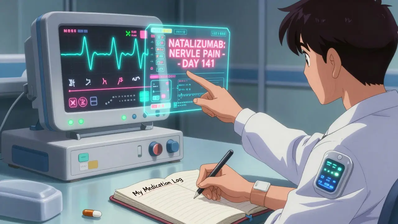 A hospital monitor displays a holographic timeline of drug side effects, with a patient tracking symptoms in a journal.