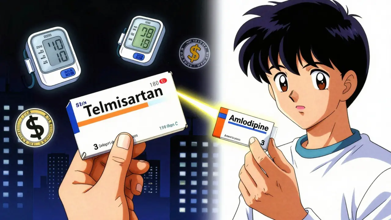 A patient choosing between expensive and cheap blood pressure pills, with glowing path and floating medical icons.