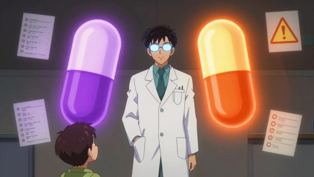 A pharmacist holding acetaminophen and ibuprofen capsules, casting contrasting light beams of relief and inflammation control.