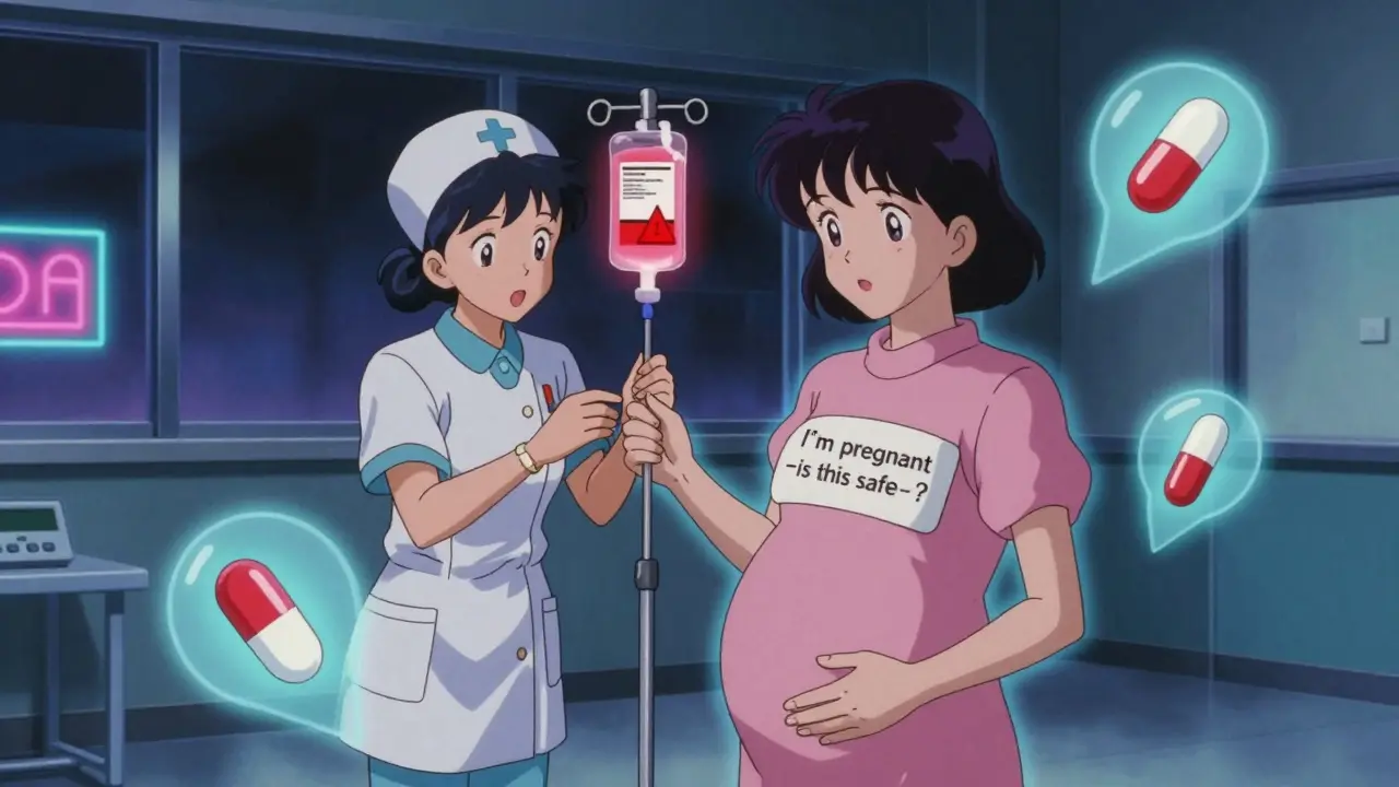 A pregnant woman stops an ER nurse from administering a potentially unsafe medication, with glowing warning icons around them.
