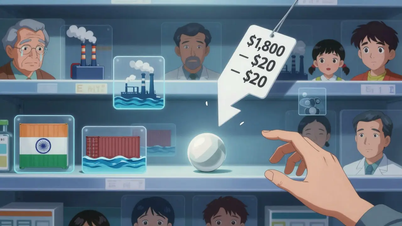 A single generic pill floats amid global supply chains and soaring prices, as a patient reaches for hope.