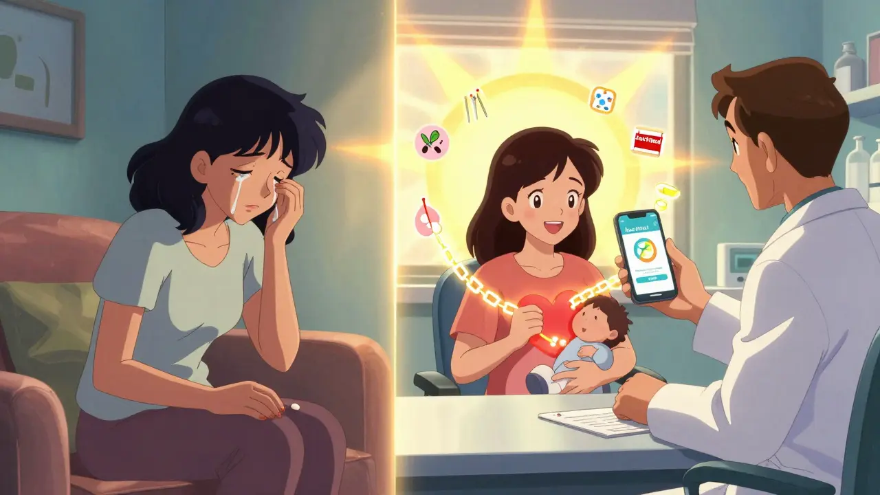 A woman transitions from fearfully stopping meds at home to safely continuing them with a pharmacist’s guidance in a bright clinic.