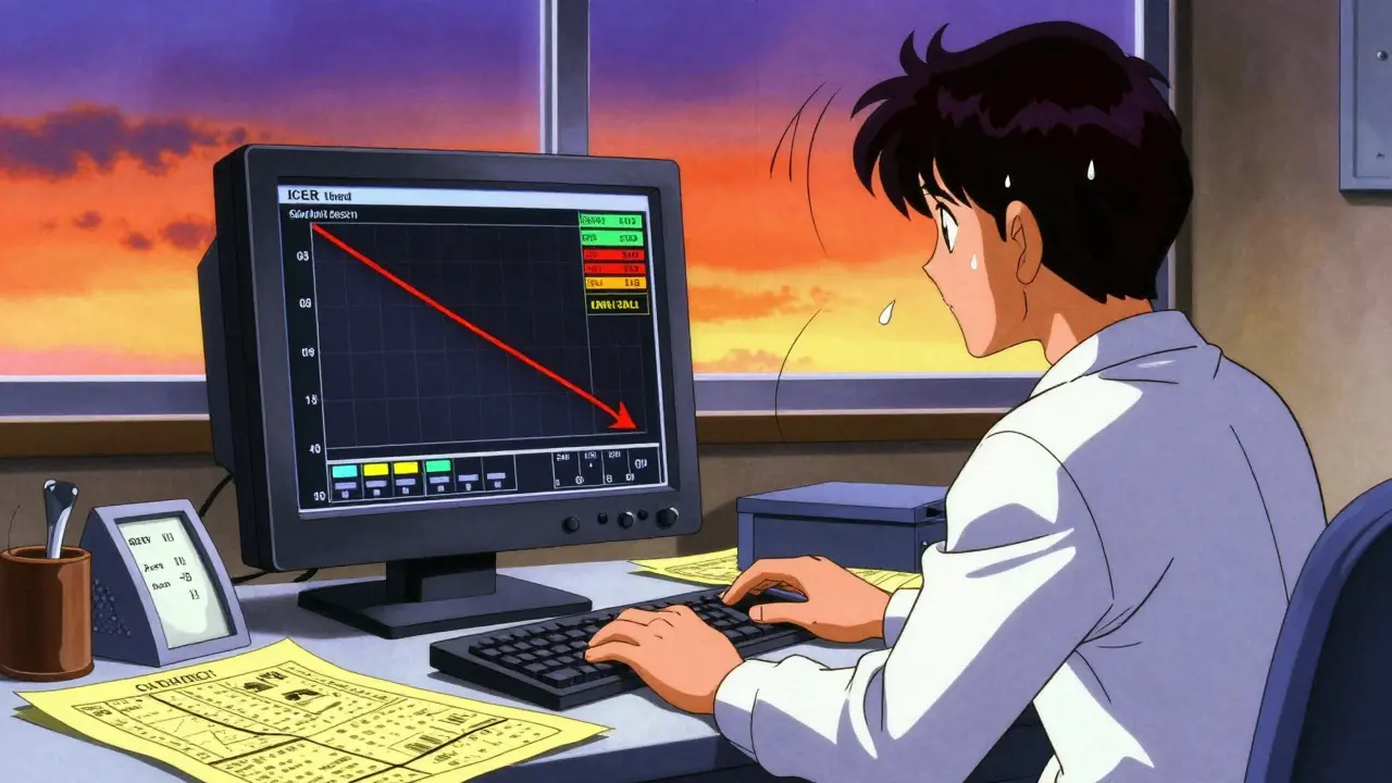 An analyst studying a falling generic drug price graph on a flickering monitor with 80s anime aesthetics.