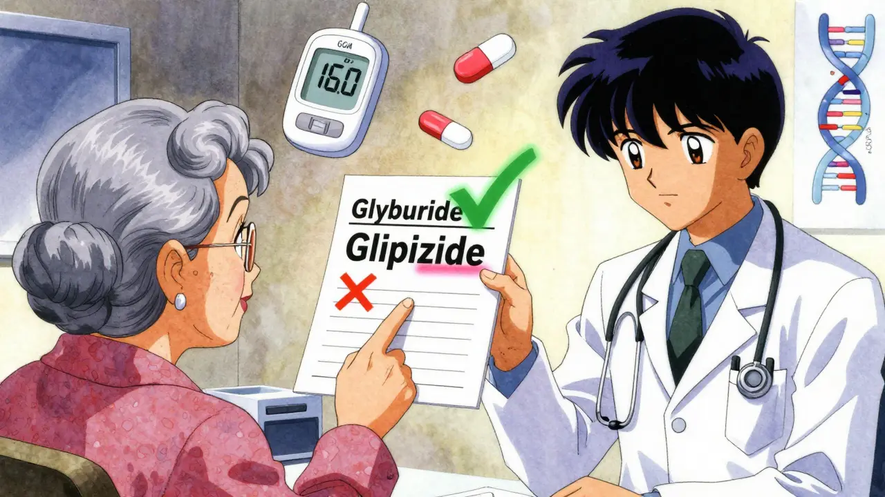 An elderly woman and doctor switch from glyburide to glipizide prescription, with glowing safety icons and genetic symbol.