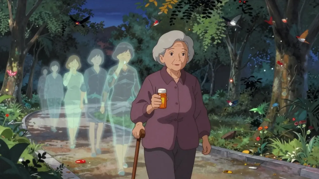 An elderly woman walks through a park, leaving behind ghostly versions of herself who took daily aspirin.