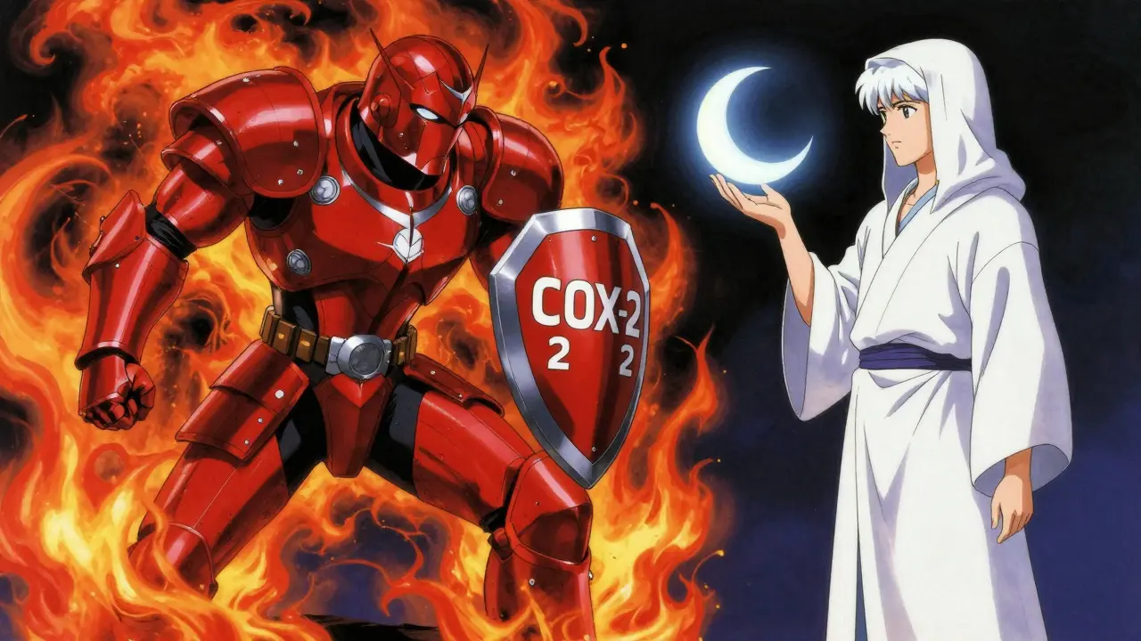 An NSAID warrior battling inflammation around a swollen knee, while acetaminophen stands calmly nearby.