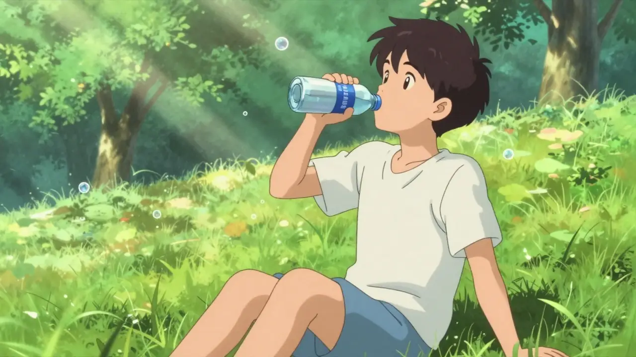 Character drinking water on grassy hill in anime style