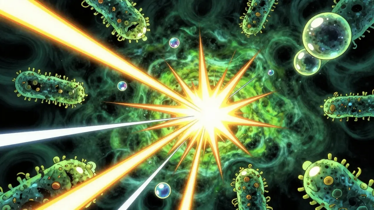 Concept art of medicine fighting dark bacteria shadows