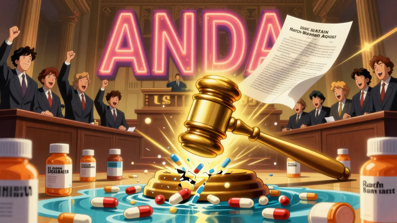 Lawmakers celebrate the Hatch-Waxman Act as generic pills flood the scene, symbolizing affordable medicine.