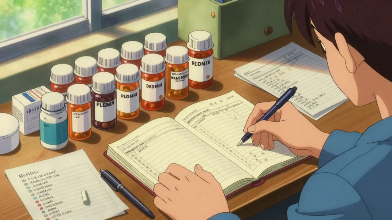Person organizing symptom journal and pill bottles before medical appointment