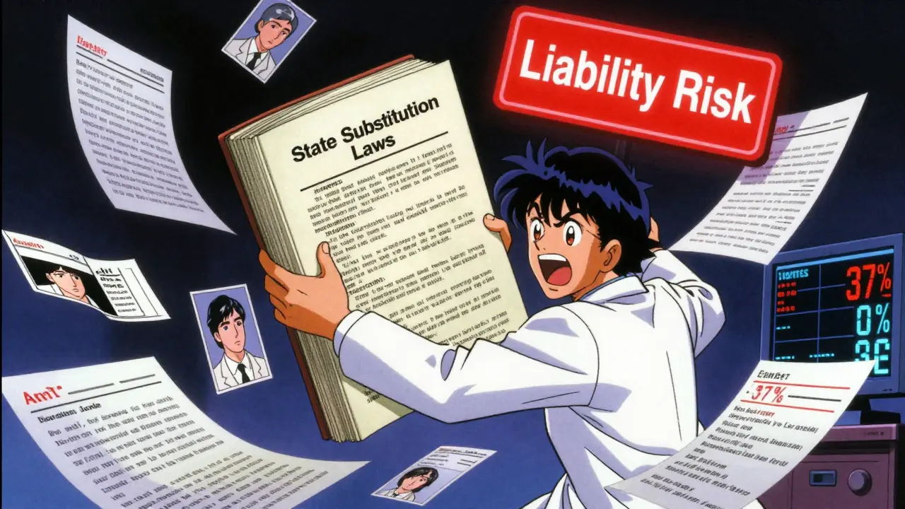 Pharmacist overwhelmed by floating legal documents and warning signs about substitution rules and liability.