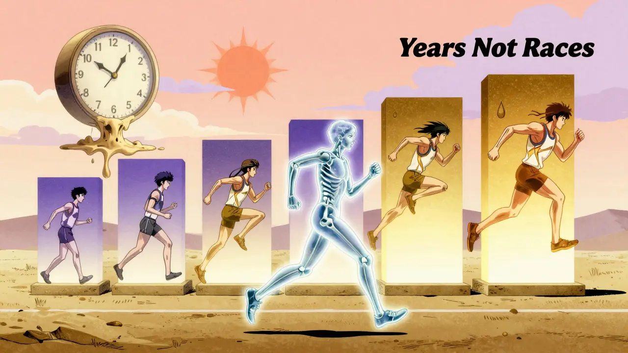 Runner crossing finish line with six recovery phases rising behind them