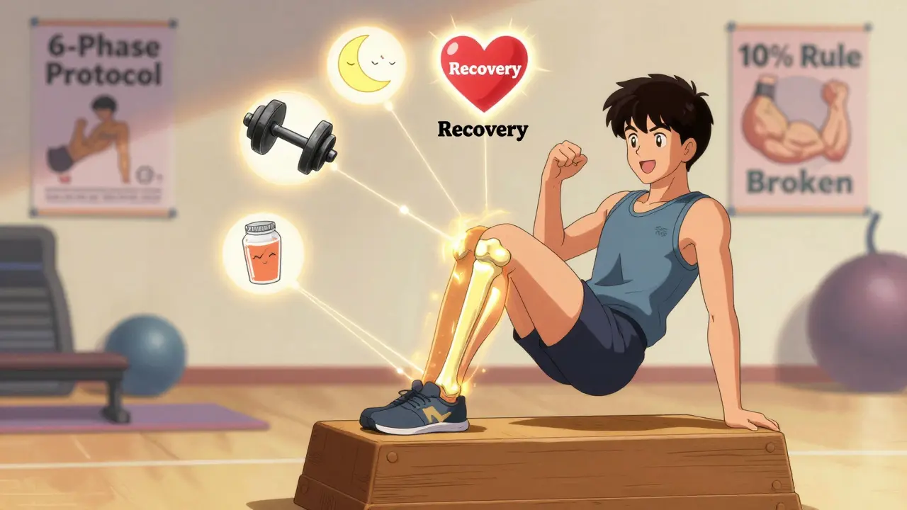 Runner doing heel raises with glowing bone energy and recovery icons