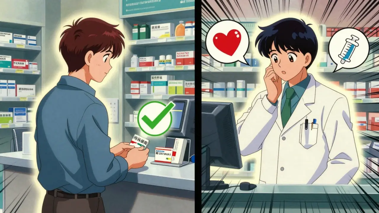 Side-by-side scenes of pharmacists in two states: one automatically substituting generics, the other asking for patient consent.