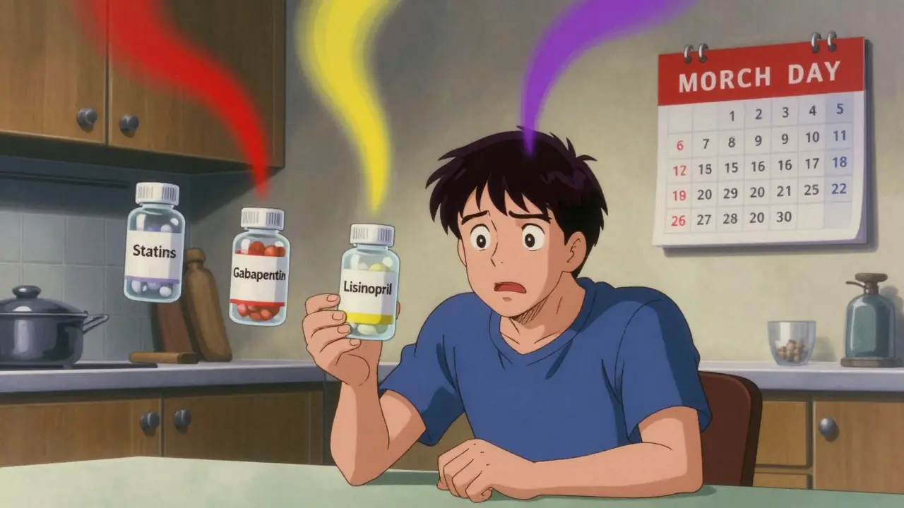 Three floating drug bottles emit colored trails representing different time-to-onset patterns for side effects.