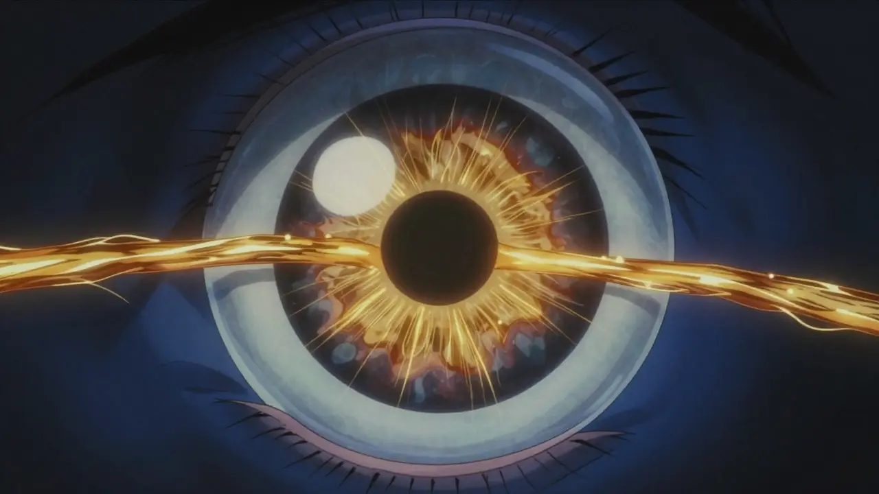 A conceptual anime illustration of eye pressure pressing against the optic nerve.