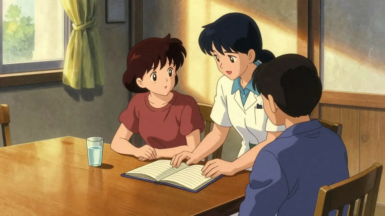 A patient and caregiver sharing a quiet moment at a table, retro anime style.