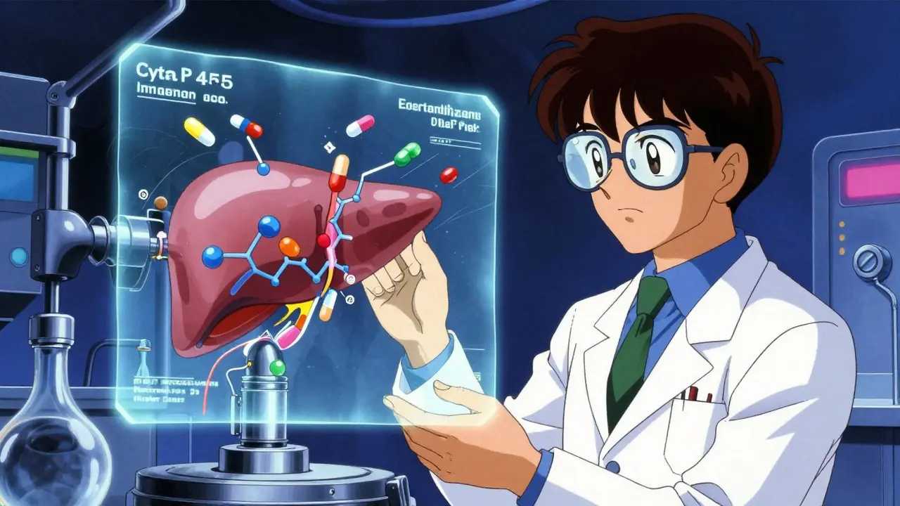 Anime depiction of liver enzymes processing medication in a futuristic lab