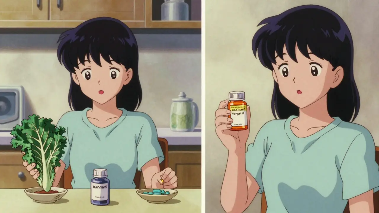 Anime split-screen comparing the dietary balance of Warfarin with the convenience of DOACs.
