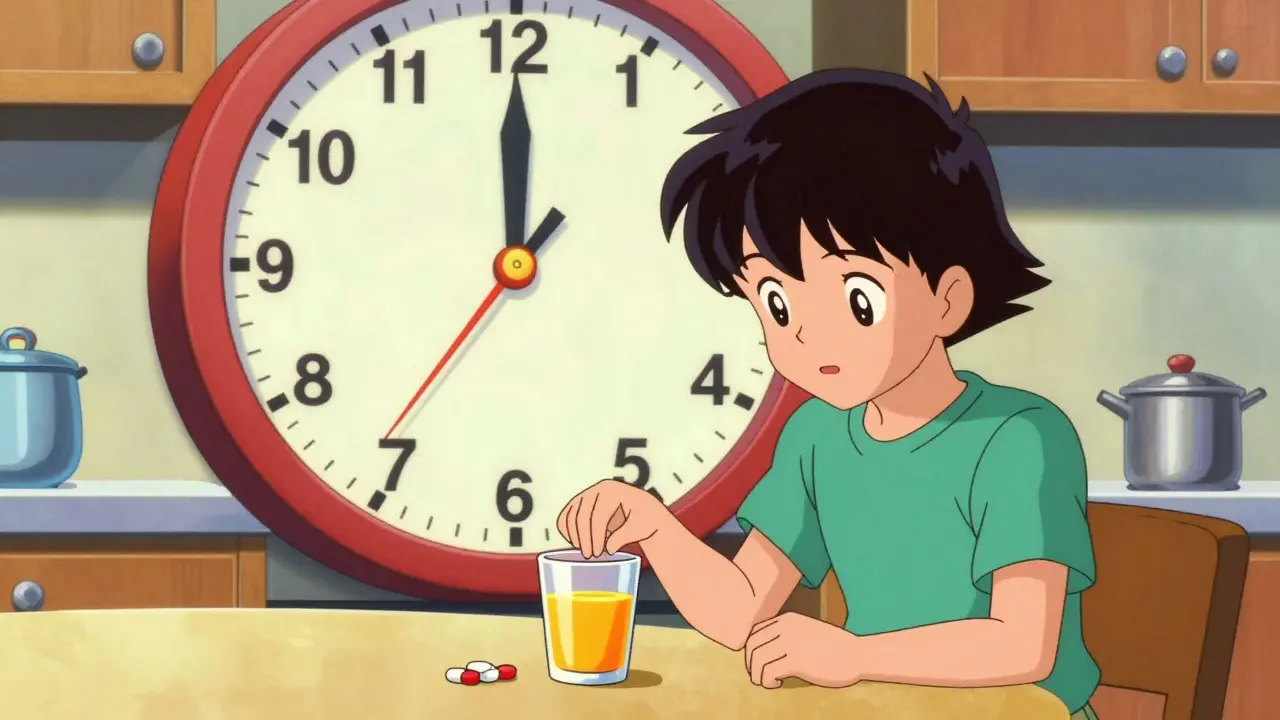 Character treating low blood sugar with orange juice and glucose tablets by a clock