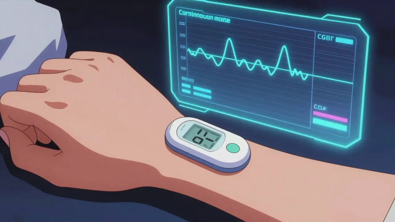Close-up of a CGM sensor on an arm with a digital glucose monitoring graph